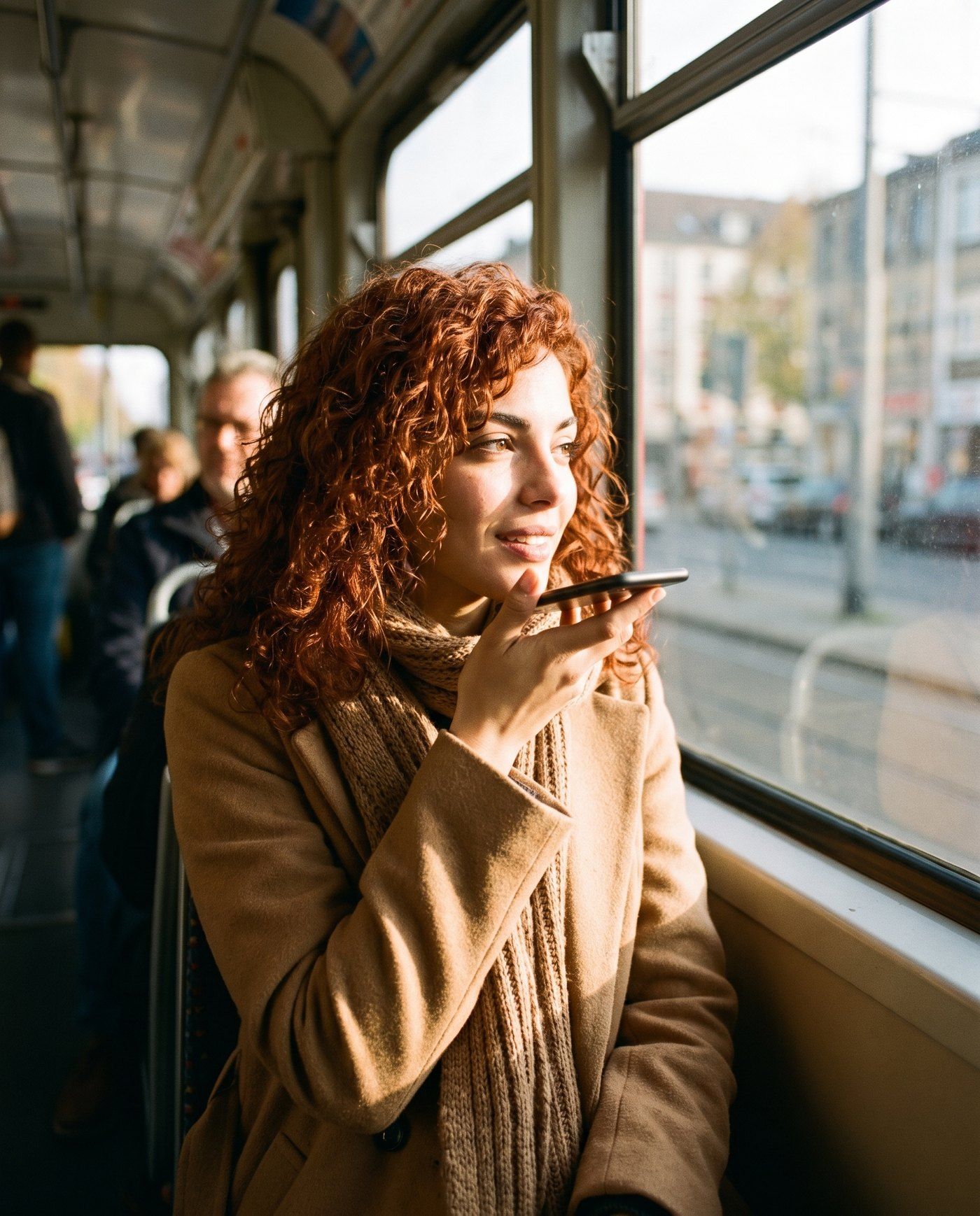 Lisa sitzt morgens in der Straßenbahn und spricht eine Nachricht in ihr Handy.