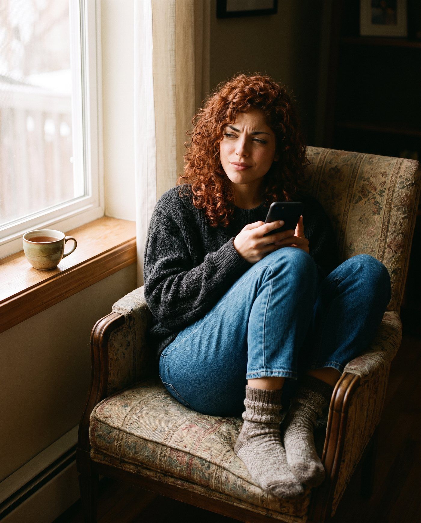 Lisa sitzt im Sessel am Fenster und schaut skeptisch auf ihr Handy.