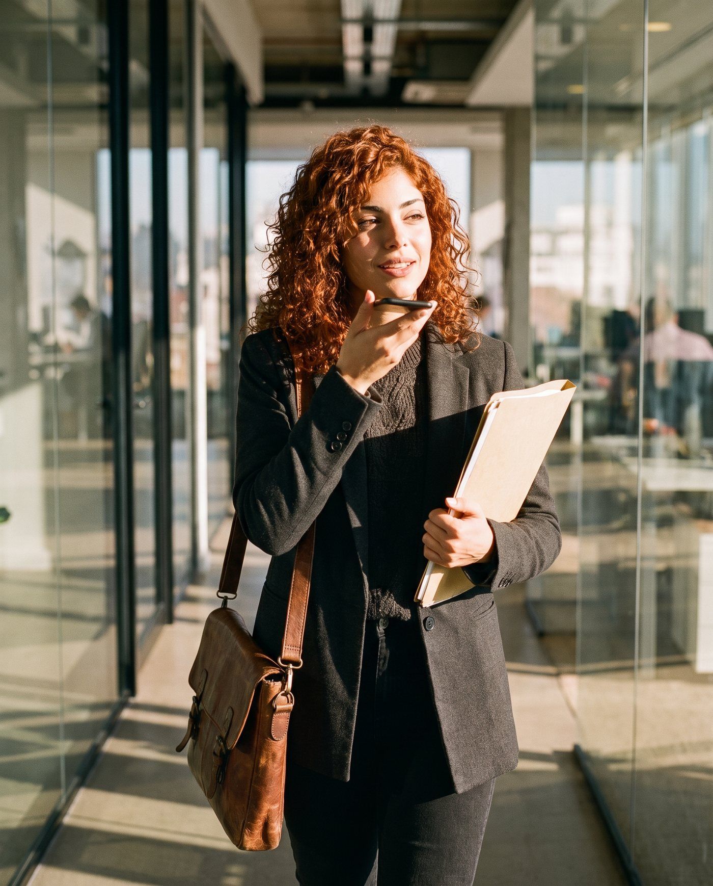 Lisa geht zwischen zwei Terminen durch einen Büroflur und diktiert eine Mail in ihr Handy.