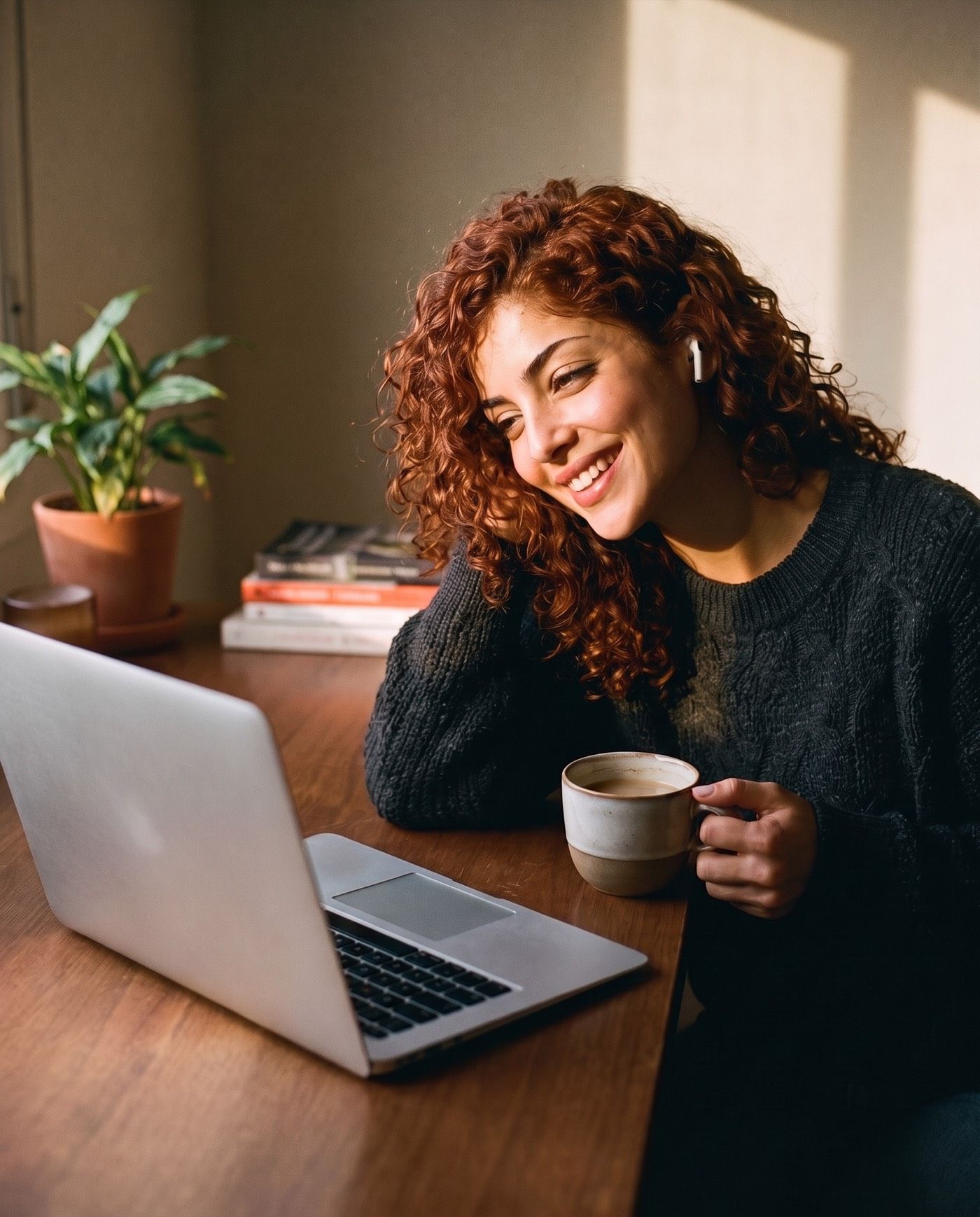 Lisa sitzt mit Kaffee am Laptop und lacht in ein Videomeeting.