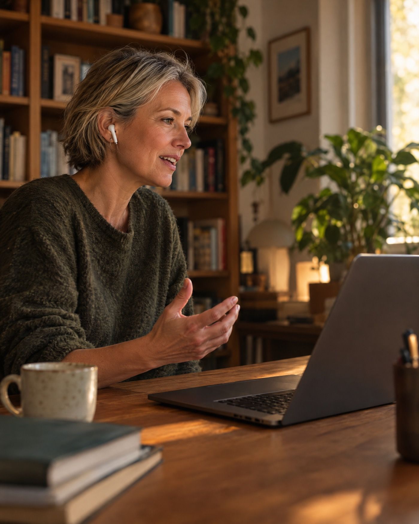 Eine Frau sitzt am Schreibtisch und spricht mit ihrem Laptop.